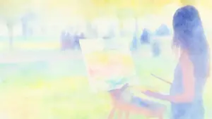 「静かな公園で絵を描く人の水彩画風イラスト