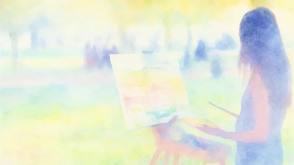「静かな公園で絵を描く人の水彩画風イラスト