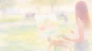 「静かな公園で絵を描く人の水彩画風イラスト