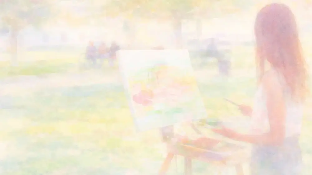 「静かな公園で絵を描く人の水彩画風イラスト