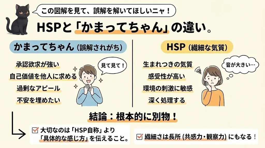 HSPと「かまってちゃん」の違いを図解。
左側の「かまってちゃん（誤解されがち）」は、承認欲求が強く、自己価値を他人に求め、過剰なアピールをする、不安を埋めたいといった特徴を持つ人物のイラスト。
右側の「HSP（繊細な気質）」は、生まれつきの気質で、感受性が高く、環境の刺激に敏感、深く処理するといった特徴を持つ、音に敏感な女性のイラスト。「結論：根本的に別物！」と強調し、「大切なのはHSP自称より具体的な感じ方を伝えること」「繊細さは長所（共感力・観察力）にもなる」と結んでいる。