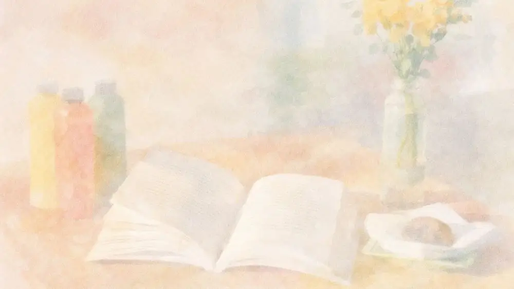 開かれた本と花瓶が置かれた、柔らかな水彩画調のデスク風景。読書量を気にせず楽しむイメージ