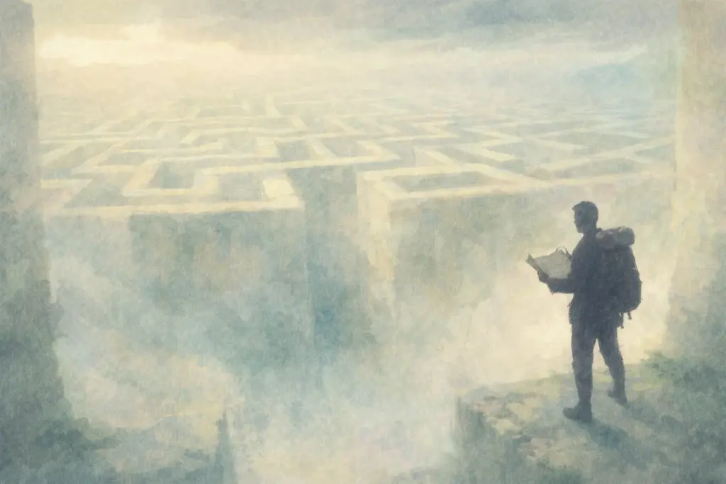 積極的分離理論を象徴する、広大な迷路を前に地図を持って立ち尽くす旅人のイラスト。葛藤や不安を乗り越え、自律的な成長を目指すプロセスを表現しています。