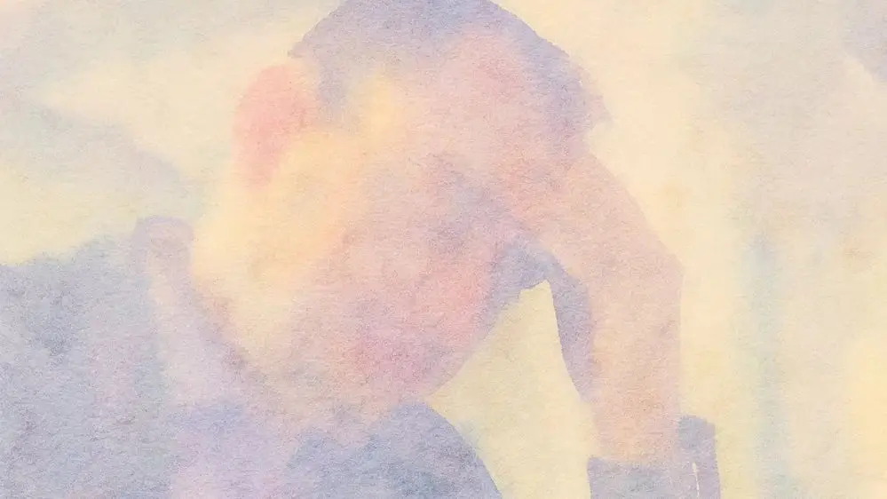 水彩画のようなタッチで描かれた、額に手を当てて考え込んでいる人物のイラスト。自己反省や内省を象徴する。