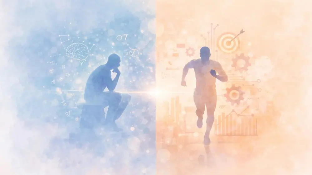 青い背景で静かに思索にふける人物と、オレンジの背景で力強く走る人物が左右に並び、内向的な思考と外向的な行動の対比を描いたイラスト。