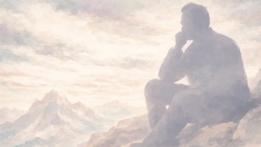 山の上で一人思索に沈む人物のシルエット。孤独と内省を象徴する抽象的な風景。