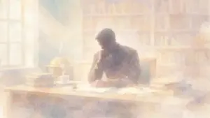 柔らかな光が差し込む書斎で、独り机に向かい思索にふける男性のイラスト。ショーペンハウアーの孤独と幸福の哲学を象徴するイメージ。