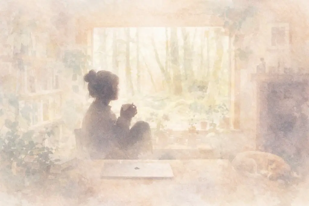 窓辺で静かに飲み物を手にし、外の景色を眺める人物のイラスト。落ち着いた室内で一人の時間を過ごしている様子。