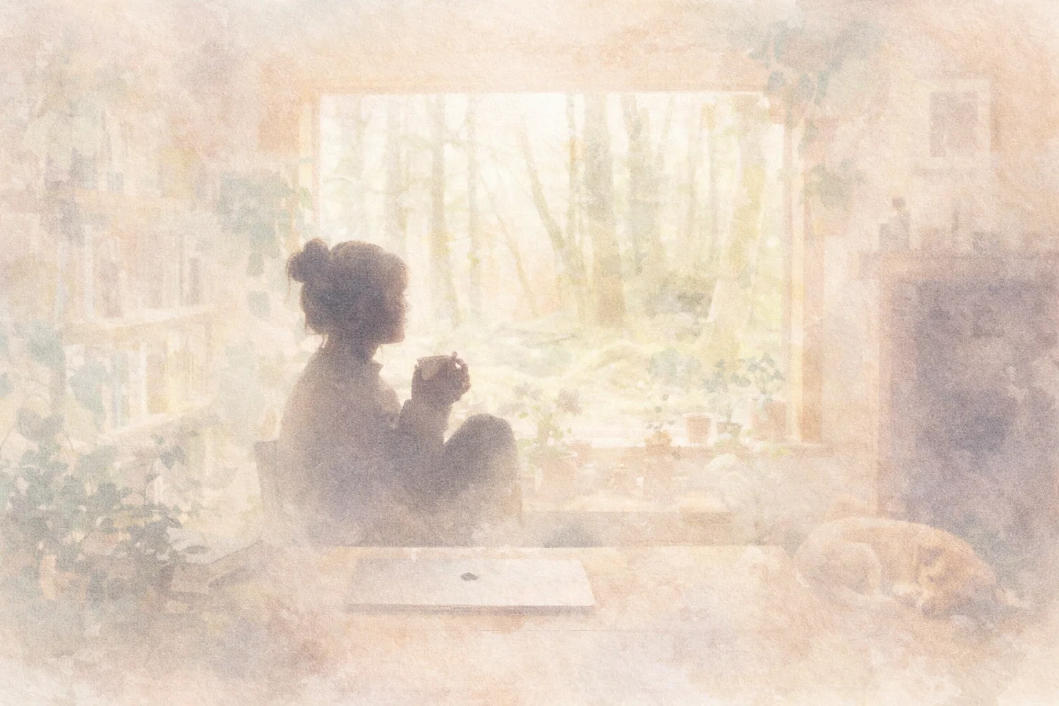 窓辺で静かに飲み物を手にし、外の景色を眺める人物のイラスト。落ち着いた室内で一人の時間を過ごしている様子。