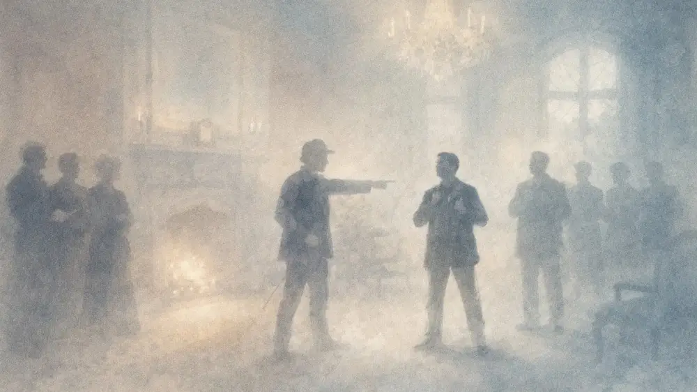 探偵と対峙する容疑者たち。真実を暴く瞬間を象徴する構図