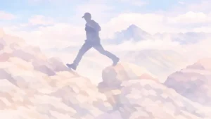 険しい岩山を軽やかに飛び越える男性のイラスト。努力を苦行ではなく、好奇心に基づいた没頭へと変えるイメージ。