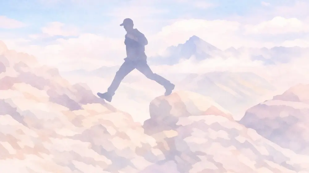 険しい岩山を軽やかに飛び越える男性のイラスト。努力を苦行ではなく、好奇心に基づいた没頭へと変えるイメージ。
