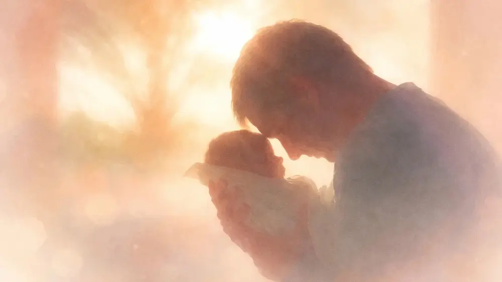 柔らかな逆光の中で赤ん坊を抱きかかえる人物のシルエット。家族や大切な人との主観的な関係性を象徴する水彩画風のイメージ