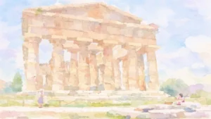 淡い水彩画調で描かれた古代ギリシャ神殿。風化した石柱が並び、青空と雲の下、遠景に自然、手前に小さな人物が点在している。