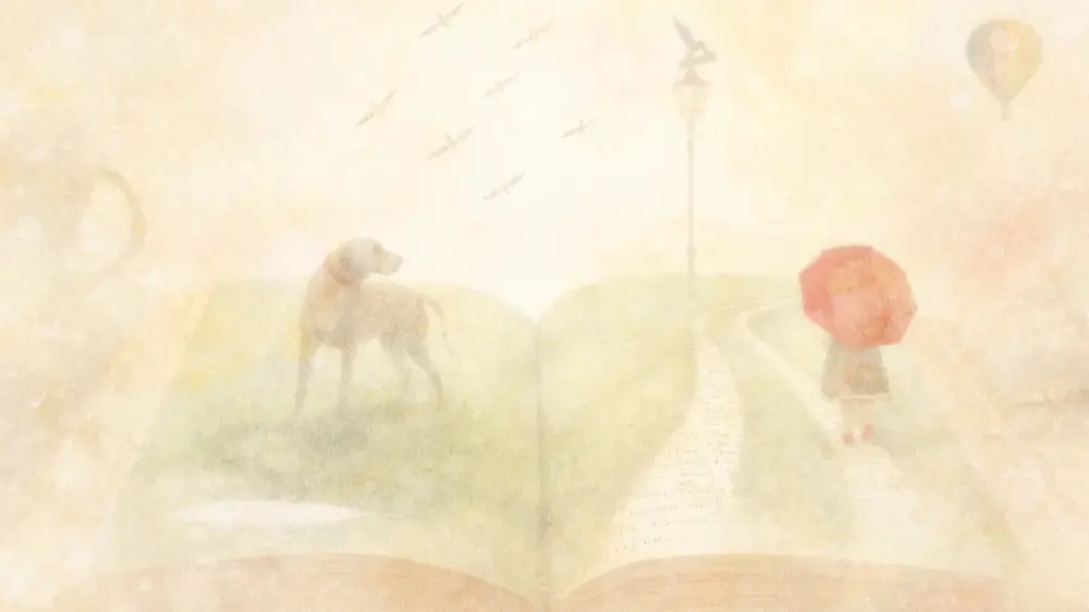 本の上に続く道を赤い傘の子どもと犬が歩く幻想的なイラスト