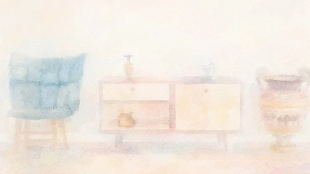 淡い水彩画風のタッチで描かれた、静かな部屋の風景。椅子とキャビネット、古代の壺のような調度が置かれ、内向型の好む穏やかな余白が表現されている。
