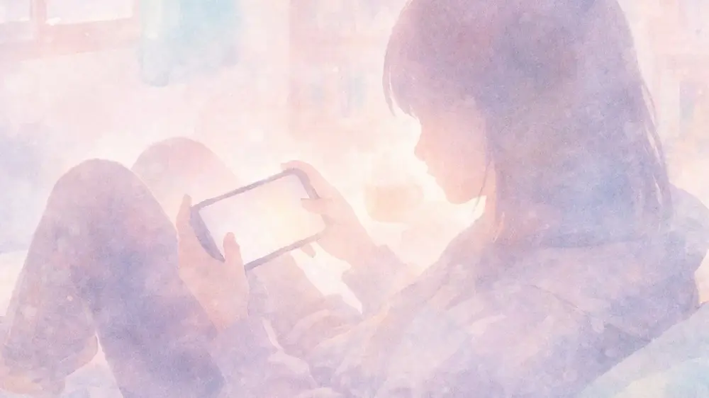 スマートフォンでソーシャルゲームをプレイする少女のイラスト