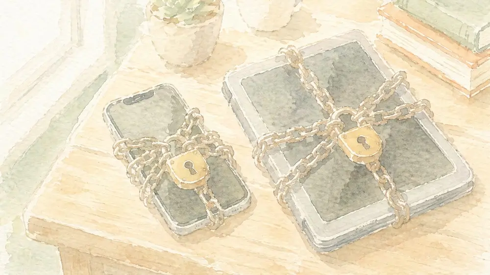 鎖と錠で縛られたスマートフォンとタブレットが机の上に置かれているイラスト