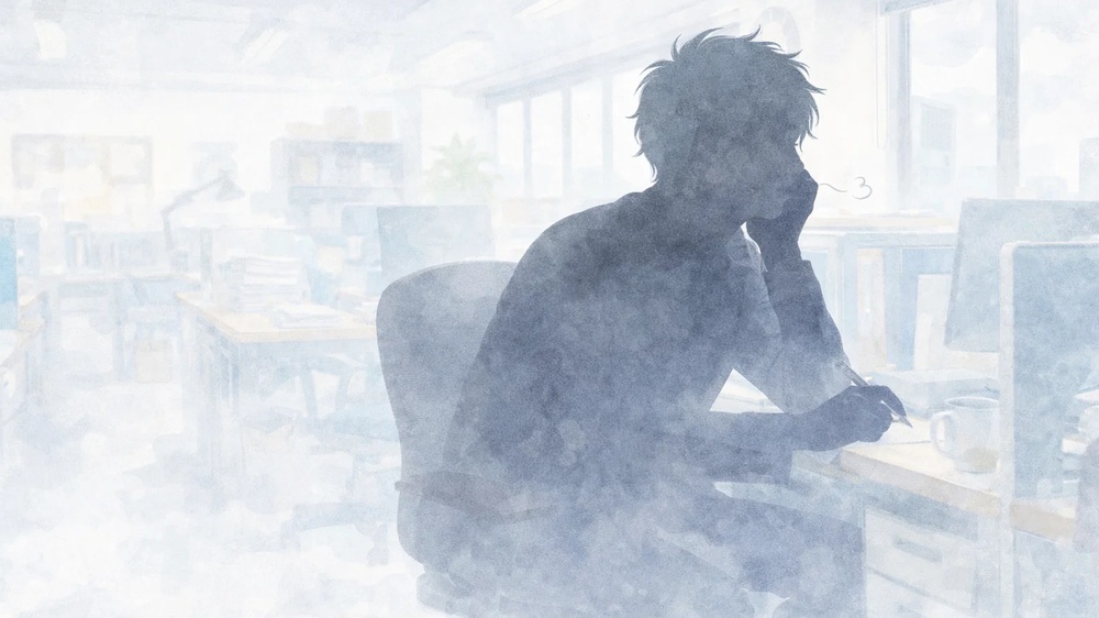 退屈に悩む人物とぼやけた思考のイメージ