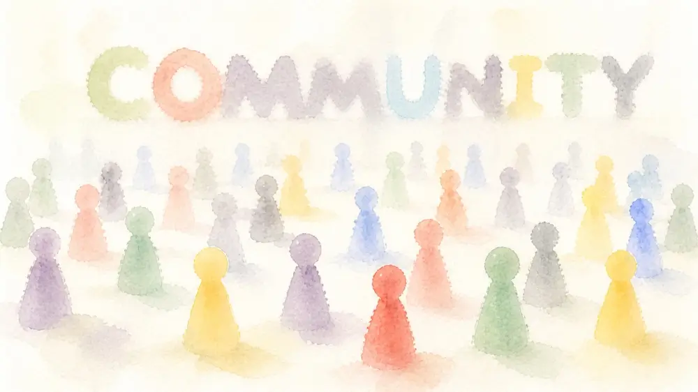 色とりどりの人型が集まり「COMMUNITY」と描かれたコミュニティのイメージイラスト