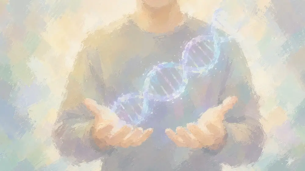 手のひらに浮かぶDNAと人間の関係を表現したイラスト