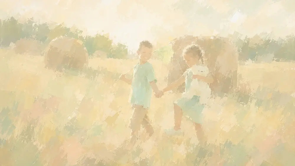 成熟と成長をテーマにした、草原を歩く子どもたちのイメージ