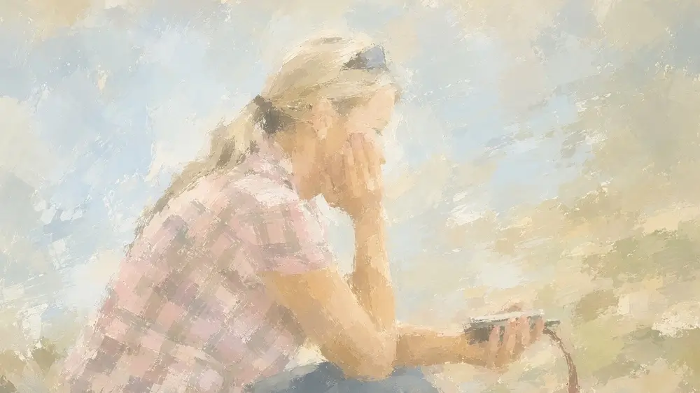 内向型とHSPの違いをテーマに、スマートフォンを持ちながら思索する女性のイラスト