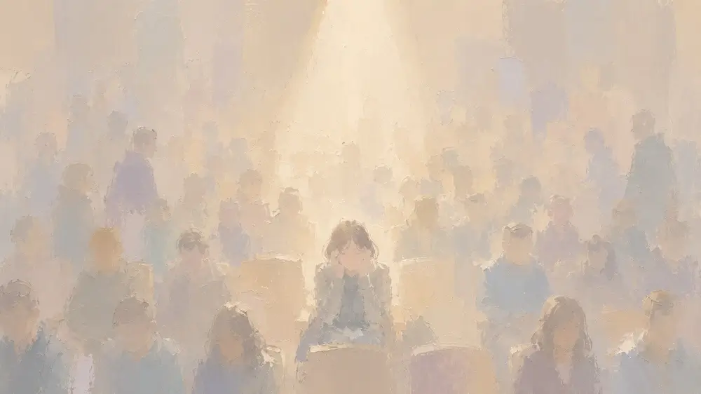 共感・道徳心・理性をテーマに、群衆の中で一人が思い悩む様子を描いた抽象的なイラスト