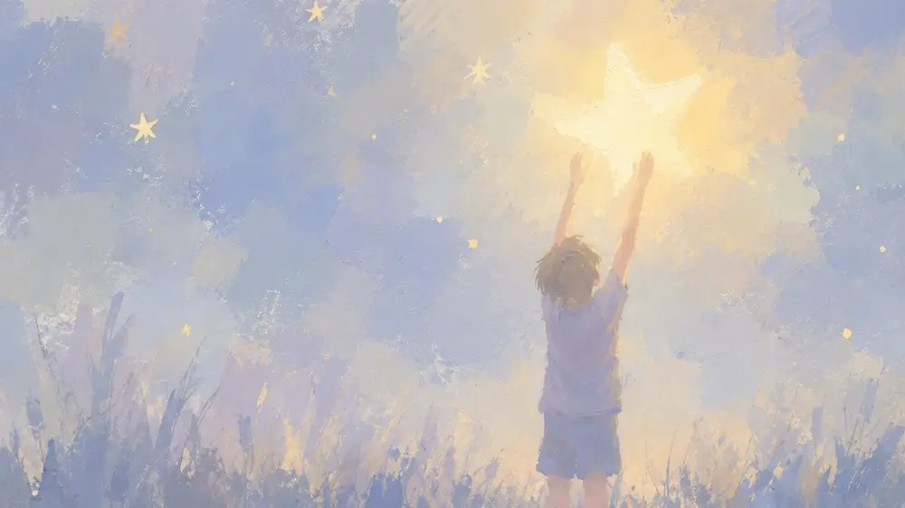 夜空に輝く星へ手を伸ばす子どもの幻想的なイラスト