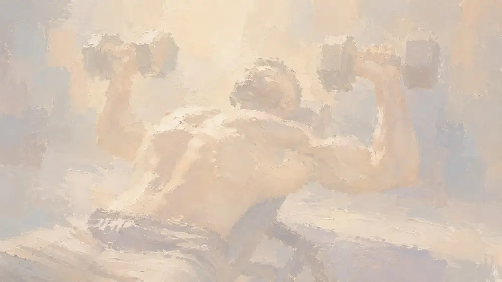 ダンベルベンチプレスを行う人物を淡い色調で描いたイラスト