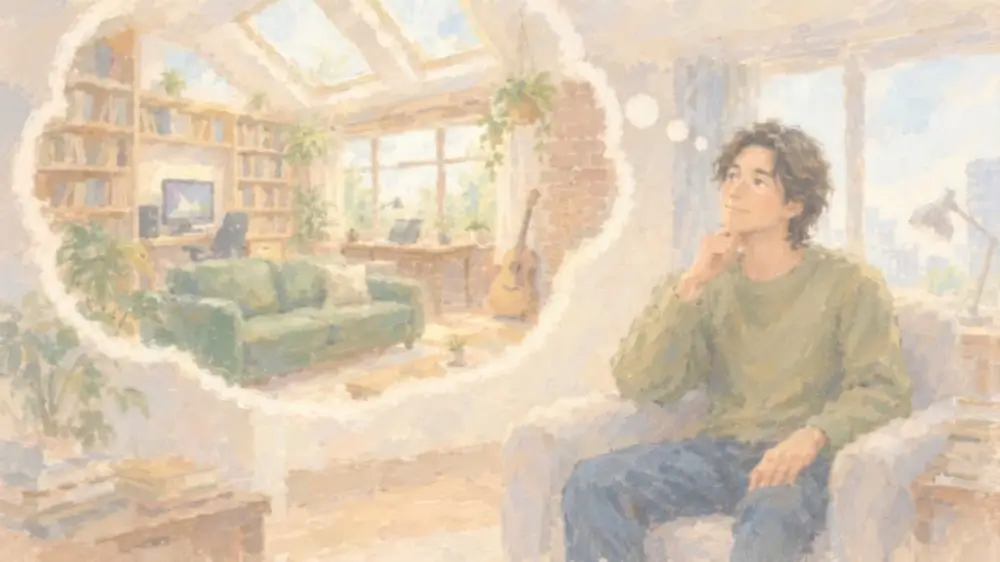 理想の暮らしを思い描きながら考え込む男性