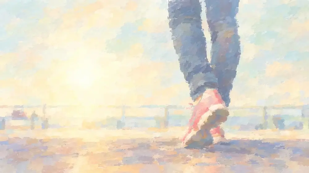 ルーティンとして散歩をする人の足元を描いた淡いイラス