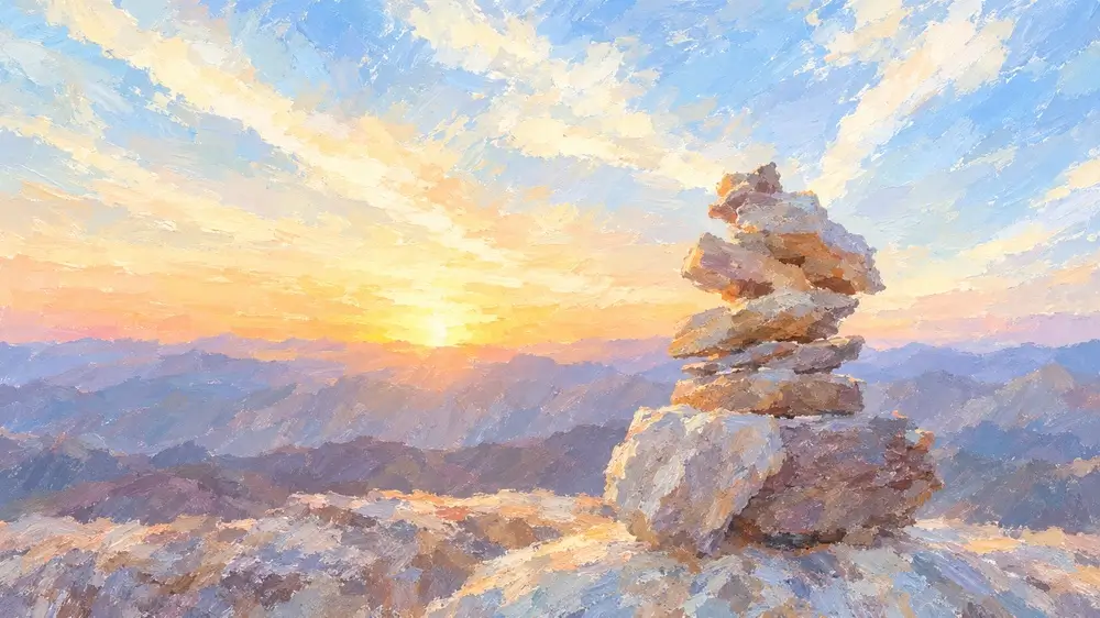 朝日に照らされた山頂に積み重なる石と、遠くに広がる山並みを描いた風景画